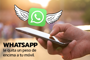Un logo de whatsapp sale de un movil volando para liberar espacio